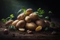 Young yellow potato on brown ground, fresh organic potatoes. Generative AI