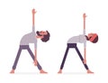 Young yogi man, woman practicing yoga, extended triangle pose