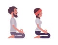 Young yogi man and woman practicing yoga, seiza pose