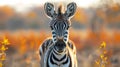 A young zebra stands in a field of golden grass, looking directly at the camera Royalty Free Stock Photo