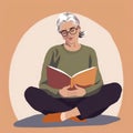 A younger woman sits crosslegged on the floor reading a book about retirement planning with a somber expression on her