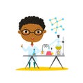 Youngest scientist. Baby kid doing chemistry experiments. Holding flask and test tube in hands. Flat style cartoon illustra