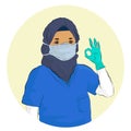 Vector illustration of a female muslim medical health staff with hijab , smiling, feeling strong and happy for fightin