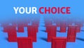 Your choice. Rows of red wooden closed doors on a blue background. Choice, business and success concept. Welcome, new opportunity