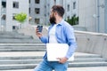 Your cup of morning inspiration. Bearded man drink coffee outdoors. Morning habit. Morning mood. Breakfast time Royalty Free Stock Photo