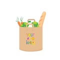 Your eco bag. Paper shopping bag with food and hand written sign. Vectpr stock illustration isolated on white background