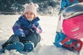 Your happy kid has ski or snowboard lesson at alpine school. Royalty Free Stock Photo