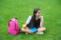 Your health is your wealth. Happy child relax on green grass. Healthy snack. School break. Health education. Natural Royalty Free Stock Photo