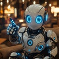 In your home, a charming robot enjoys playing games using VR glasses, relaxing on the sofa and adding fun and