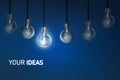 Your Ideas , Creativity innovation illuminated light bulb row dim ones concept solution Royalty Free Stock Photo