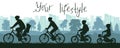 Your lifestyle, city life, silhouette of large family riding on bicycles outside city near park. Vector illustration