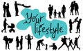 Your lifestyle. Concept of creating family and happiness. Silhouettes of people, parents with children, wedding, birth of child,