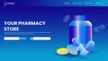 Your pharmacy store website page design with 3d illustration of open medicine bottle.