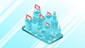 On your smartphone, a 3d model of the city with social network icons. The concept of mobile application development Royalty Free Stock Photo