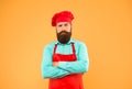 your special event. brutal male cook in hat and apron. professional man cooking. restaurant cuisine and culinary Royalty Free Stock Photo