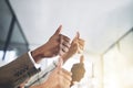 Youre doing a sterling job. Closeup shot of a group of businesspeople showing thumbs up in an office.