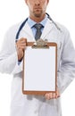 Youre going to need to fill these out. Cropped shot of the midsection of a doctor holding a blank clipboard. Royalty Free Stock Photo