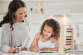 Youre improving every day. a young mother helping her daughter with homework at home.