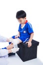 Youth asian soccer player in blue uniform. Knee joint pain.