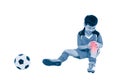 Youth asian soccer player with pain at knee. Full body.