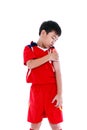 Youth asian soccer player with pain at shoulder.