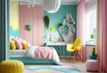 Youth bedroom of a girl, decorated with different colors. Generative AI.