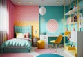 Youth bedroom of a girl, decorated with different colors. Generative AI.