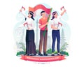 Youth celebrate Indonesia`s independence day by holding the red and white Indonesian flag. Indonesia independence day on August Royalty Free Stock Photo
