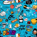 Vector graffiti seamless texture with bizarre elements and characters with social media signs and other shiny icons.