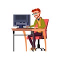 youth man searching work on computer cartoon vector Royalty Free Stock Photo