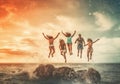 youth man vacation happiness friend sunset fun group ocean jump party. Generative AI. Royalty Free Stock Photo