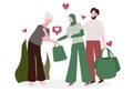 Youth muslim couple give Sadaqa Zakah donation for oldster with heart modern flat cartoon design.