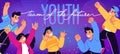 Youth people banner, celebration group. Teenage squad, young girl and boy jumping and smiling, happy persons Royalty Free Stock Photo