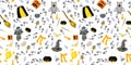 Youth seamless pattern. School of magic and witchcraft. Magical items. Broom for flying, talking hat and mantle of invisibility.