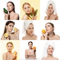 Youth secrets. Beautiful young women over white background. Cosmetics and makeup, lifting and aging concept. Royalty Free Stock Photo