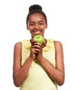 Youth, smile and health with portrait of girl and apple in studio for nutrition, wellness and diet. Food, self care and