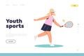 Youth sports concept of landing page with girl in sportswear playing tennis