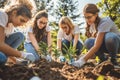 Youth volunteers planting trees outdoors, joyfully digging and chatting while working together