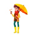 youth woman drinking hot coffee and walking on rainy day weather with umbrella cartoon vector