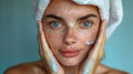 Youthful beauty engaging in skincare routine on blurred background, providing ample space for text Royalty Free Stock Photo