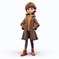 Youthful Cartoon Girl In Brown Coat - 3d Render