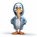 Youthful Cartoon Pelican In Blue Jacket - 3d Render