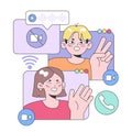 Youthful friends engaging. Flat vector illustration