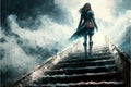 A youthful lady stands atop shattered steps that ascend towards the heavens