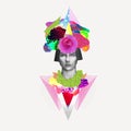 Youthful pretty girl with colorful decorations on head and shoulders looking with emotionless face. Surreal contemporary