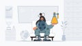 Youthful woman holding chemical carafe, learning point. Trendy style, Vector Illustration