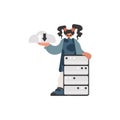 The youthful woman is holding a data cloud and a server. Restricted. Trendy style, Vector Illustration