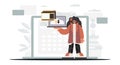 The youthful woman is holding a tablet, which is synchronized with the data capacity. Trendy style, Vector Illustration