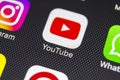 YouTube application icon on Apple iPhone 8 smartphone screen close-up. Youtube app icon. YouTube is an online video networking Royalty Free Stock Photo