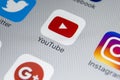 YouTube application icon on Apple iPhone 8 smartphone screen close-up. Youtube app icon. YouTube is an online video networking Royalty Free Stock Photo